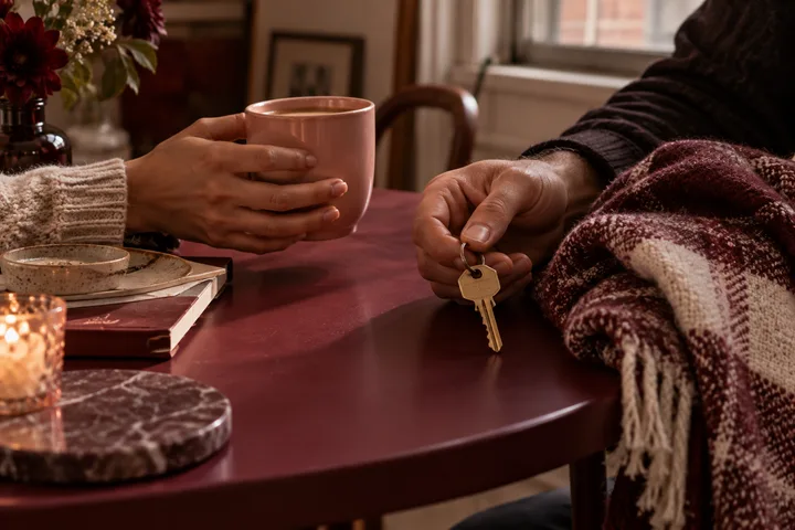 Two hands hold a pink mug and a house key across a burgundy table, with a folded blanket and candle nearby, evoking a calm conversation before temporary help becomes permanent access.