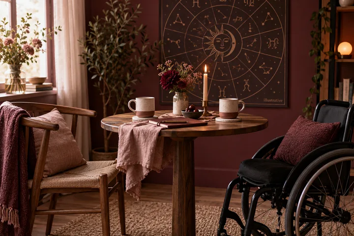 A warm burgundy and blush editorial still life of two mugs and equal chairs beside a subtle mobility aid and illustrative zodiac motif, evoking mutual partnership and personal boundaries.