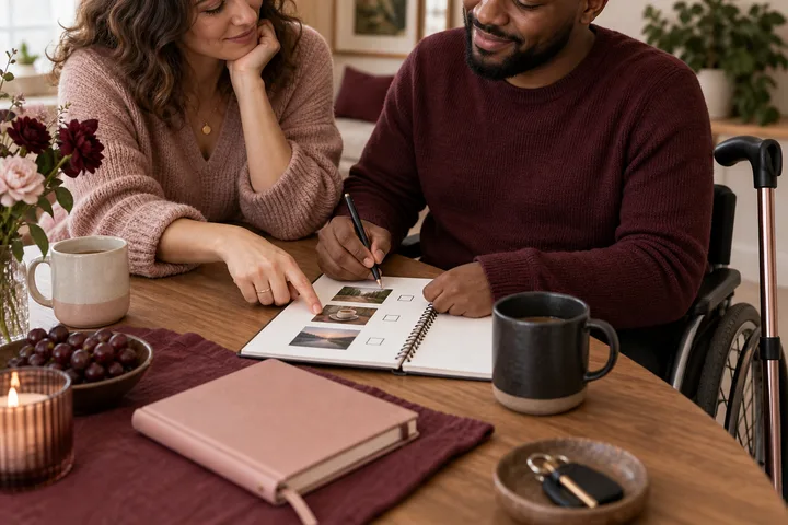 A close editorial view of two people sharing an accessible date plan at a burgundy and blush table, with the disabled partner actively making choices beside a mobility aid.