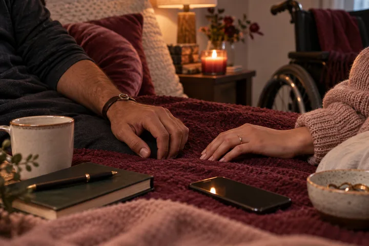 An intimate burgundy and blush close-up of two partners' hands resting near each other with a respectful gap, a set-aside phone, candlelight, and separate personal objects suggesting mutual care and boundaries.