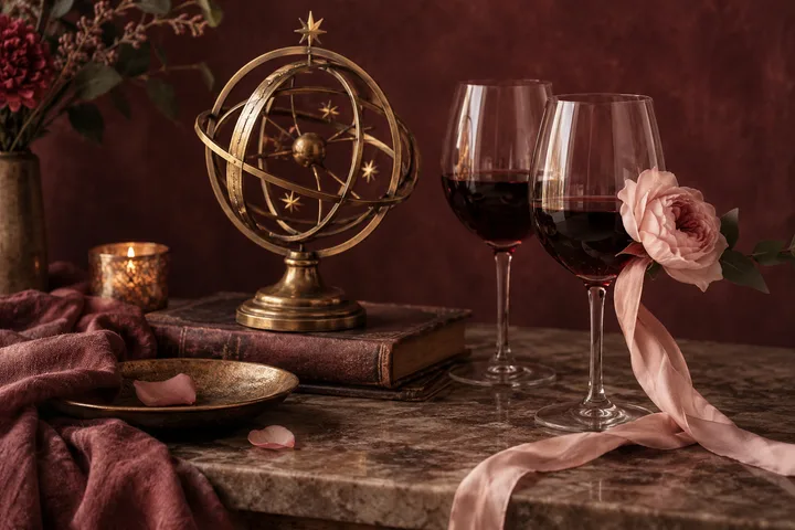 A brass armillary sphere rests on an old book beside two glasses of red wine, a pink rose with a trailing ribbon, a lit candle, and scattered petals on a burgundy-draped table.