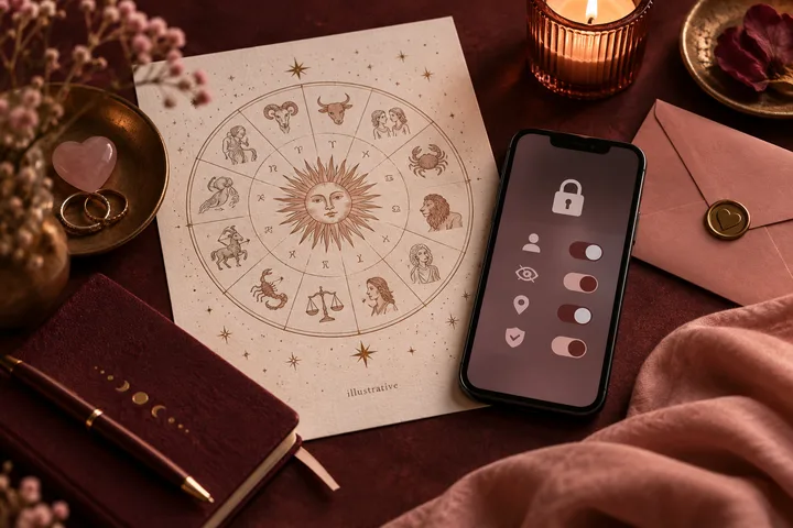 Burgundy dating-app phone beside a blush privacy screen, a brass key, and an illustrative astrology chart on a linen table
