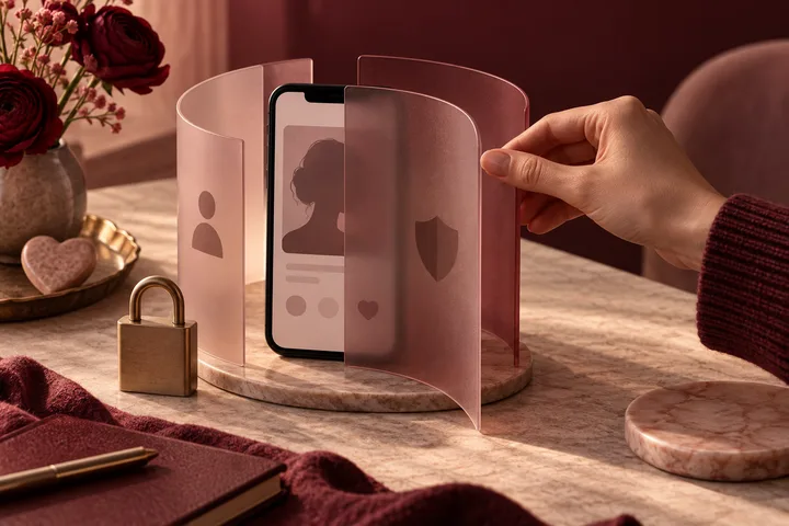 A hand selecting a lock icon on a phone beside a brass key, a candle and a translucent privacy screen in burgundy and blush