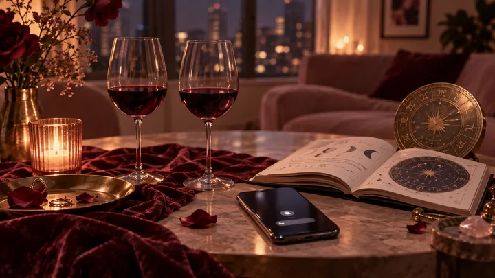 An intimate burgundy and blush table with two wine glasses, an open astrology book, zodiac discs, and a phone suggesting chemistry mixed with uncertainty.