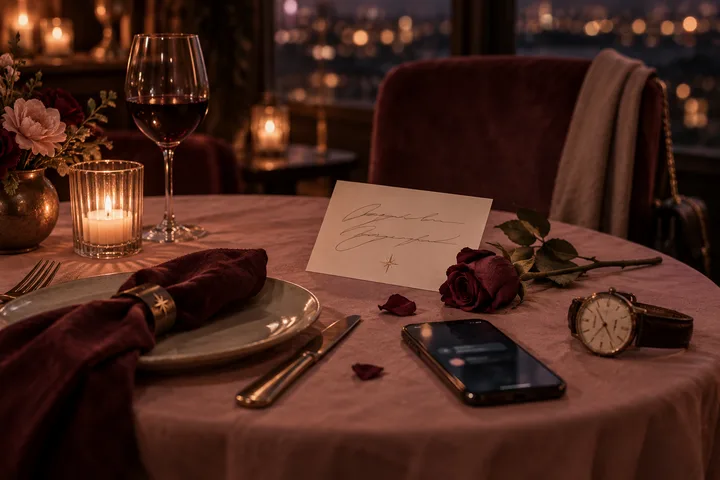 A candlelit café table set for two with one empty chair, a rose, a stopped watch, and an unconfirmed phone suggesting a beautiful plan that never became real.