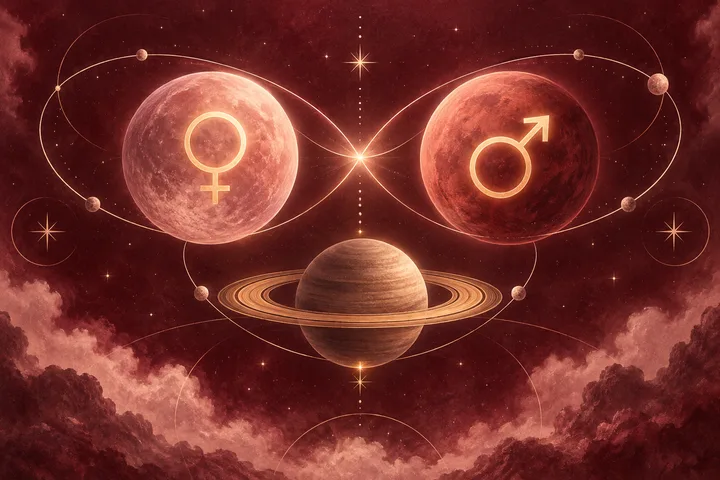 An illustrative burgundy celestial composition with Venus and Mars paths meeting above a grounded Saturn, symbolizing attraction alongside relationship structure.