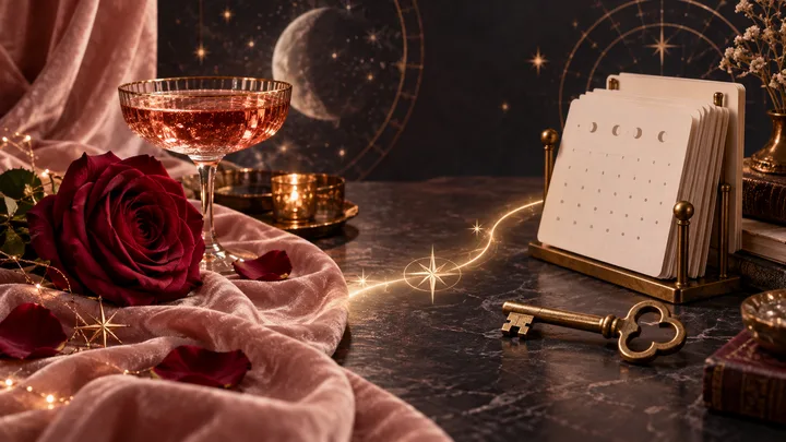 A symbolic still life contrasts a glowing burgundy rose and cocktail with a brass key and orderly calendar, comparing charm with consistency.