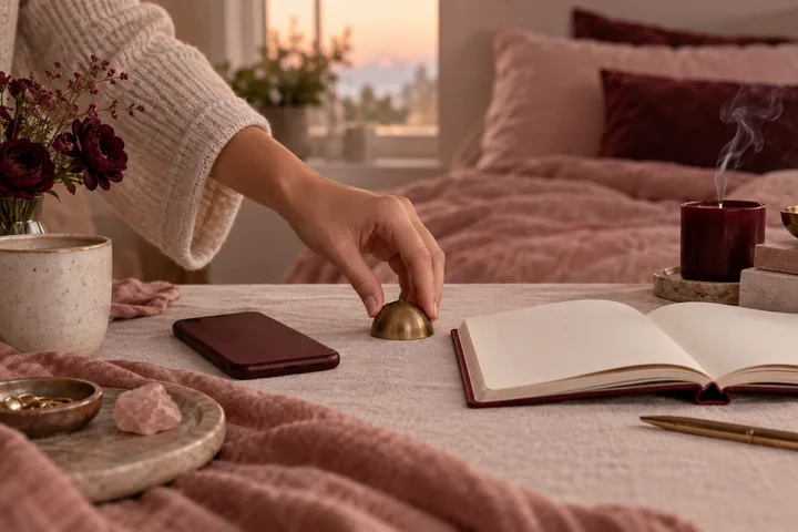 A woman’s hand places a brass marker beside a face-down phone and blank notebook in a calm blush bedroom, symbolizing a clear dating boundary.