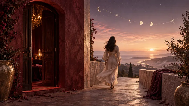A woman walks from a burgundy doorway toward a clear sunrise path beneath a delicate moon-phase arc, symbolizing choosing clarity over chemistry.