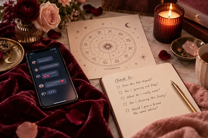 Phone with heart reactions beside a zodiac wheel and handwritten caution notes