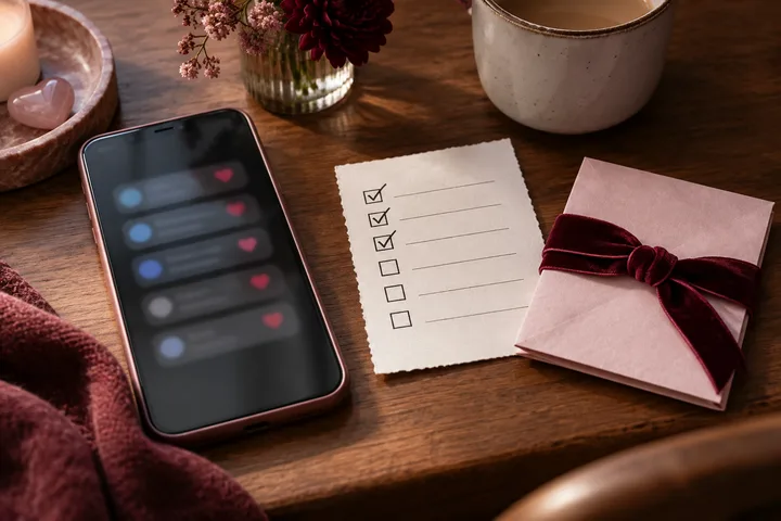 Blurred message bubbles beside a partly checked paper list and ribbon-tied envelope