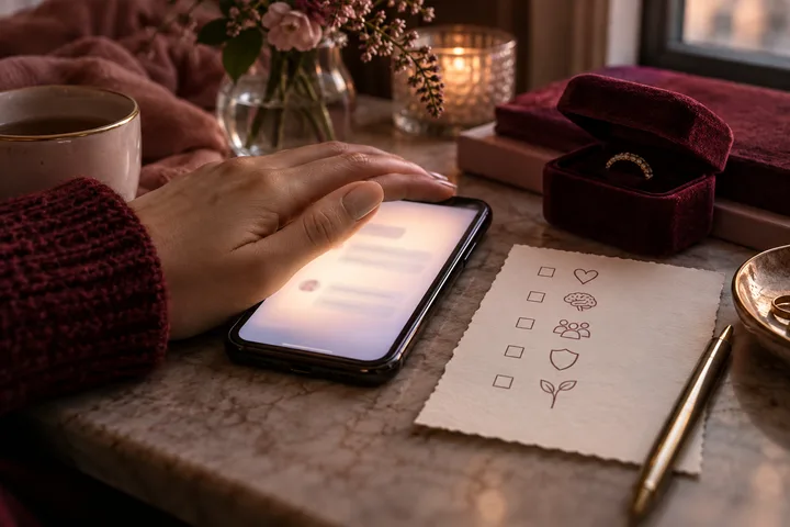 Hand covering a glowing phone beside a checklist of heart, mind, people, shield, and growth symbols