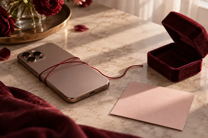 Red thread wrapped around a phone beside an open ring box and blank envelope