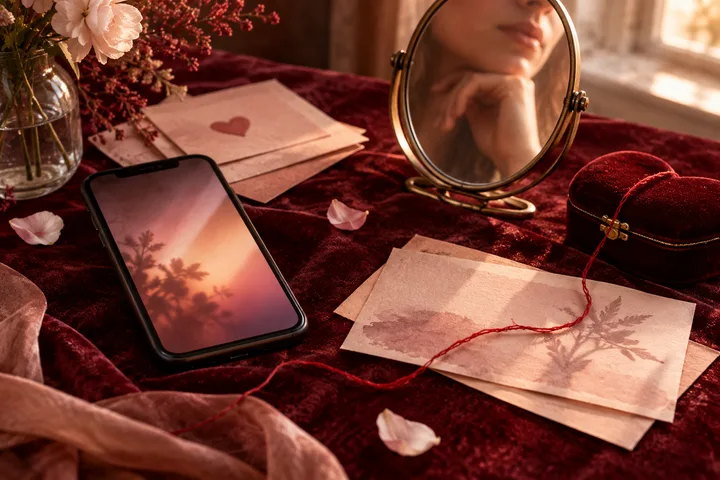 Phone with a sunset screen beside a round mirror, sealed letters, and loose red thread