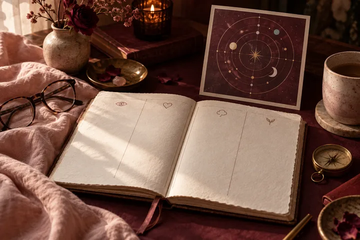 Burgundy and blush editorial still life with an open evidence journal, brass compass, glasses, and an abstract illustrative celestial chart