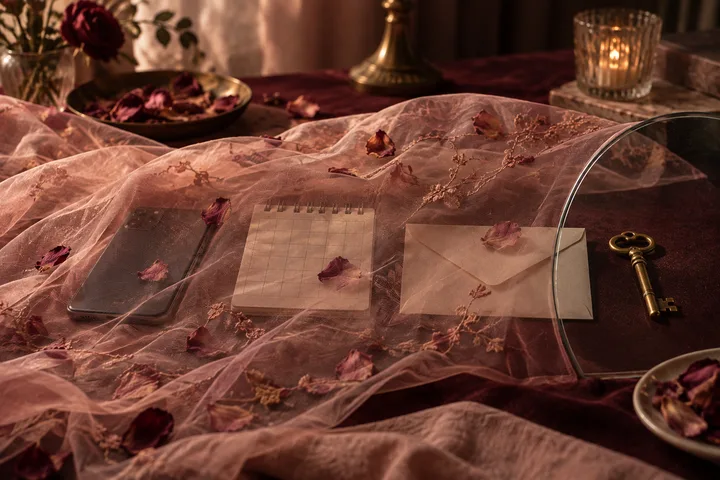 Sheer blush veil obscuring a phone, blank calendar, envelope, and brass key on a burgundy tabletop