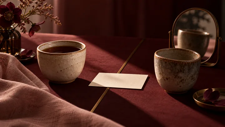 Two handmade ceramic cups separated by a brass line with a blank question card and oval mirror