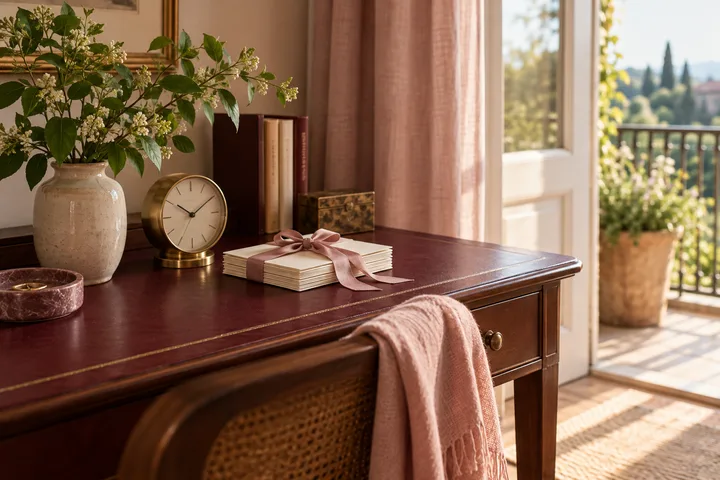 Peaceful burgundy writing desk with a brass clock, tied blank cards, healthy green sprig, and open sunlit doorway