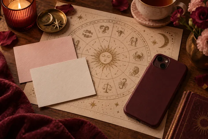 A vintage zodiac wheel lies on a wooden table beside two blank cards, a burgundy phone, a lit candle, a teacup, and scattered rose petals.
