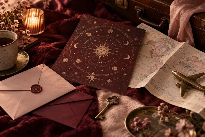 A star and moon chart lies on a folded map beside a small model airplane, sealed envelopes, a key and a lit candle on burgundy fabric.