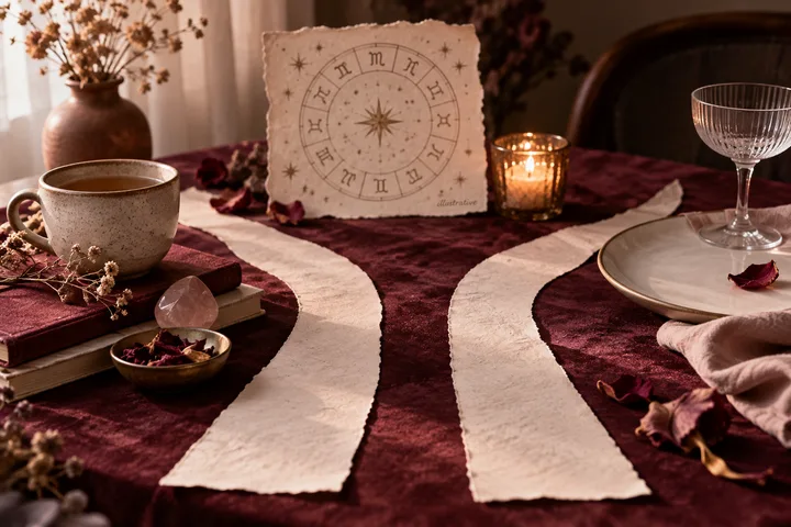 A parchment with a circular star chart sits on burgundy fabric between a cup of tea, a lit candle, a crystal, and a wineglass.