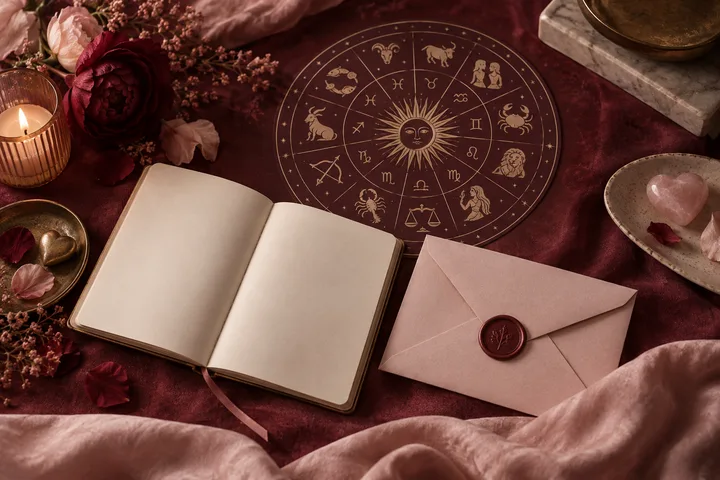 An open blank journal and sealed envelope sit beneath a circular zodiac illustration, surrounded by flowers, a candle, and a heart-shaped stone.