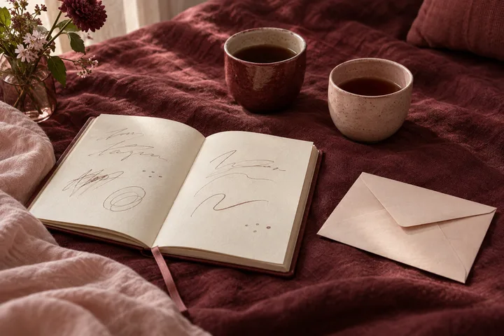 An open journal with loose handwritten marks sits beside two cups of tea and a sealed envelope on burgundy fabric.