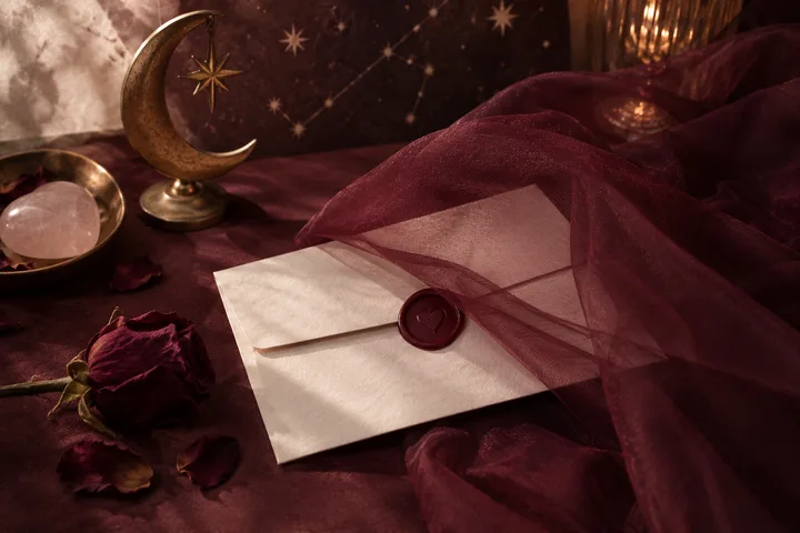A cream envelope sealed with a heart sits beneath sheer burgundy fabric beside a dried rose, a brass crescent moon ornament, and a crystal in a dish, against a starry backdrop.