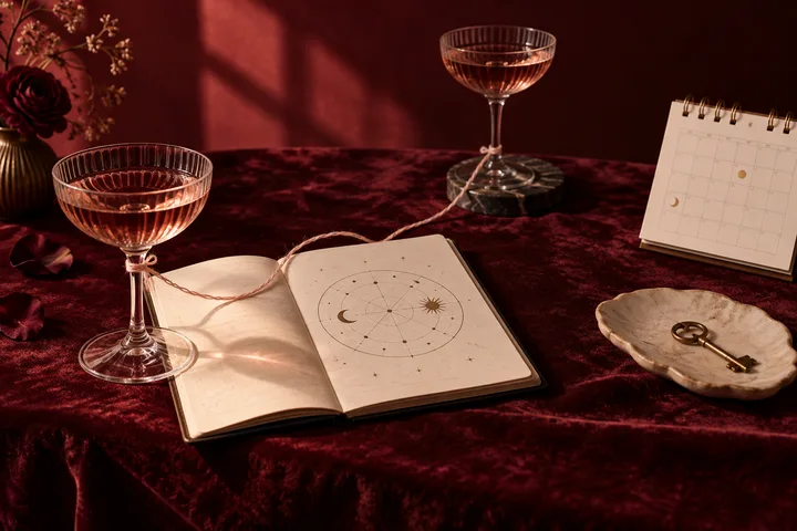 Burgundy editorial still life with two wine glasses, an illustrative astrology chart, a calendar, and a key linked by a blush thread