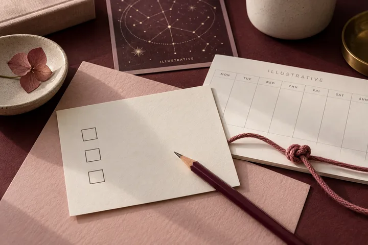 Editorial close-up of a blank checklist, burgundy pencil, weekly calendar, and blush thread tied in a knot