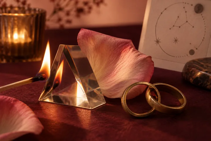 Tactile still life of a rose petal, prism, match flame, and two partly interlocking brass rings