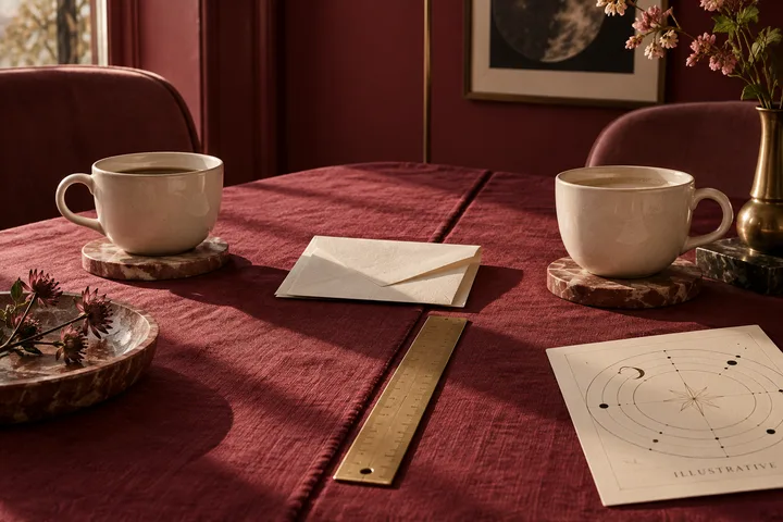 Editorial still life of two ceramic cups, a folded note, brass ruler, and illustrative chart across a burgundy table