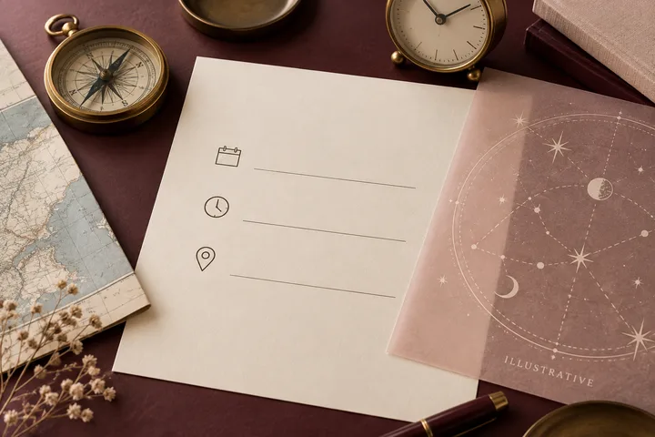 Top-down editorial still life with a blank birth-data worksheet, compass, clock, map, and illustrative star pattern
