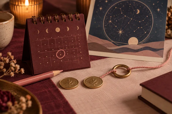 Burgundy calendar with one circled date, two equal coins, brass ring, and blush thread showing follow-through