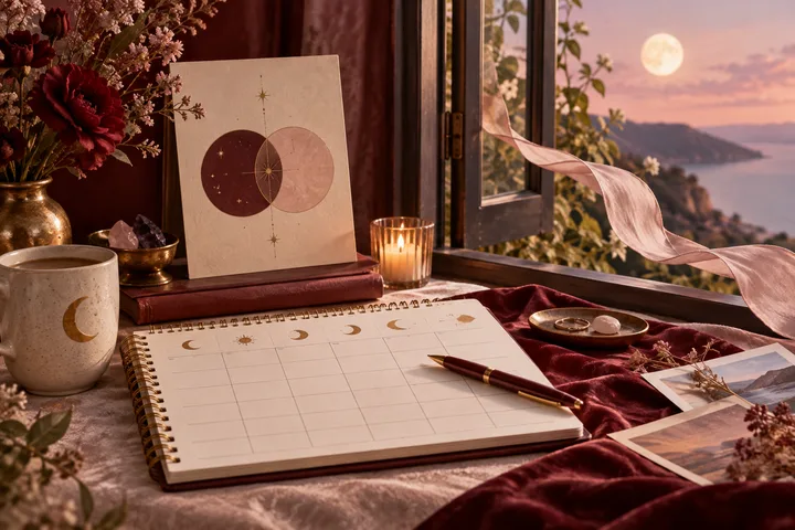 Burgundy and blush editorial still life with a weekly planner, moonlit illustrative chart card, candle, and open window with a drifting ribbon, symbolizing routine and freedom in dating compatibility.