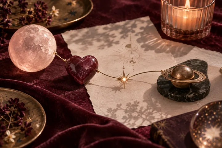 Illustrative synastry still life with a glowing moon, burgundy heart stone, gold star, and ringed planet connected across handmade paper, representing Moon, Venus, Uranus, and Saturn themes.