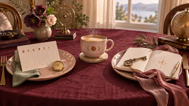 Two equal place settings on burgundy linen share a central warm cup, with a clock and weekly card on one side and an open journal, key, and ribbon on the other, symbolizing a mutual relationship agreement.