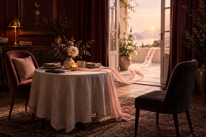 Burgundy room with a set table, lit candle, empty chair, and blush ribbon leading through an open doorway into bright space, symbolizing healthy space versus unreliable absence.