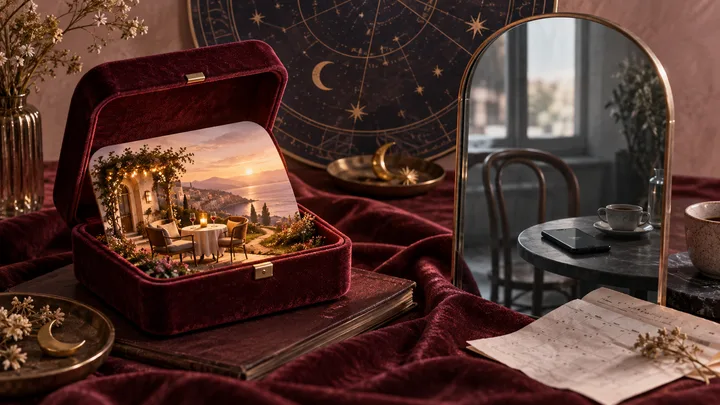 Burgundy velvet keepsake box holding a glowing imagined future beside a mirror reflecting an empty café chair, phone, and untouched calendar under an astrological backdrop.