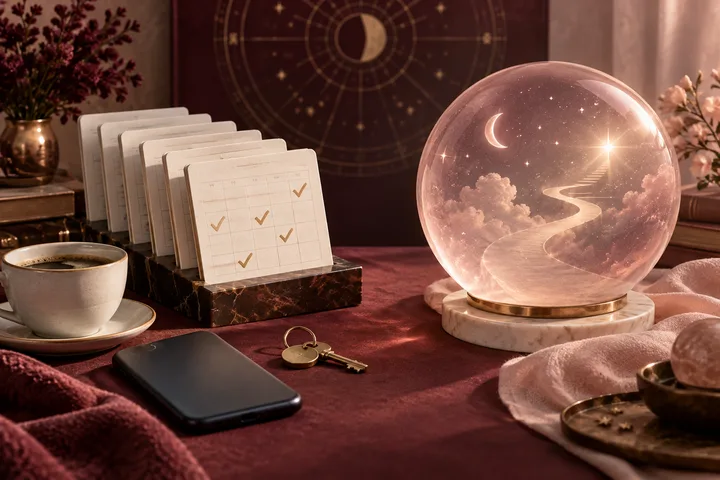 A still life pairs checked calendar pages, a key, coffee, and a face-down phone with a glowing crystal sphere containing a dreamy constellation path.