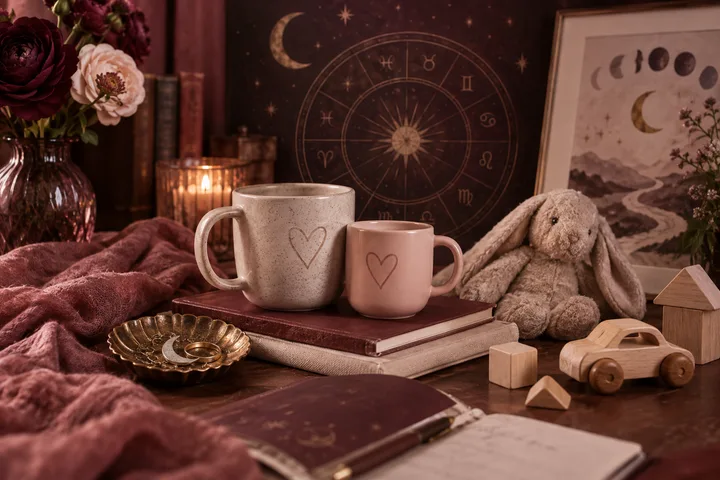 Two heart-decorated mugs sit on books beside a plush rabbit and wooden toys, with flowers, a circular symbol chart and moon phase artwork behind them.