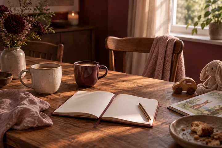 Two mugs and an open notebook sit on a sunlit wooden table beside a toy car, plush rabbit and illustrated children's book.