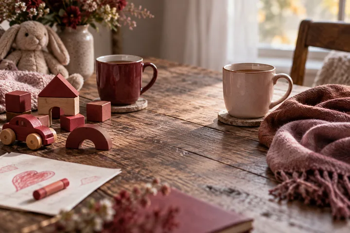 Two mugs sit among wooden toys and a child's heart drawing on a wooden table, with a scarf and flowers nearby.