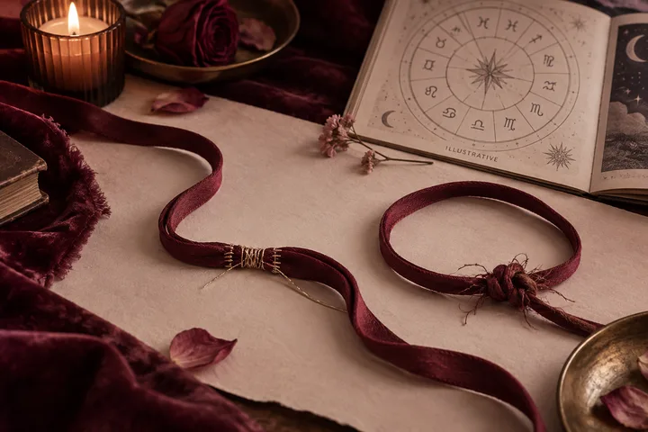 Burgundy ribbons show one carefully repaired path beside a loop tied back into an old knot, with an illustrative astrology chart in the background.