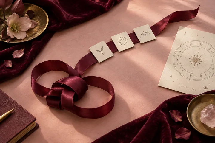 A burgundy ribbon follows three symbolic checkpoints forward while another ribbon forms a repeating knot beside an illustrative chart.