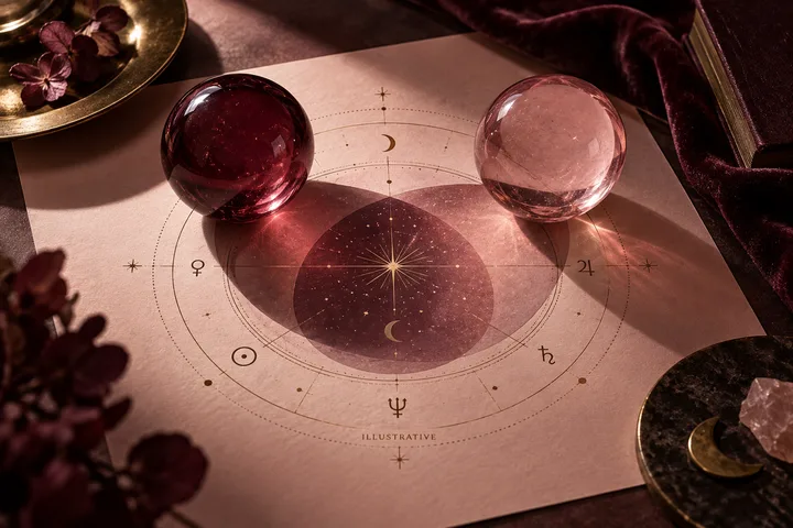 Two burgundy and blush glass spheres overlap over a single shared illustrative relationship chart field.