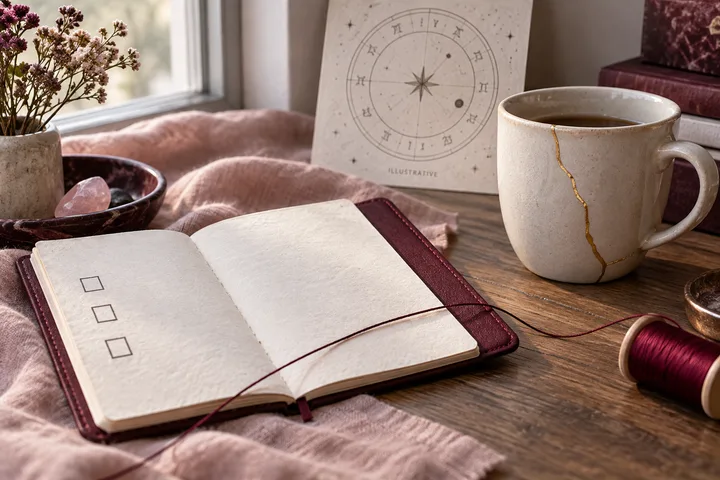 A repaired ceramic cup, blank three-item notebook checklist, and burgundy thread suggest steady follow-through beside an illustrative chart.