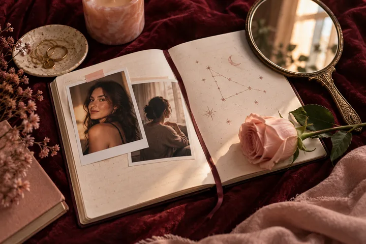 An open journal holds two portrait photographs beside a hand-drawn star pattern, with a pink rose and oval mirror on burgundy fabric.