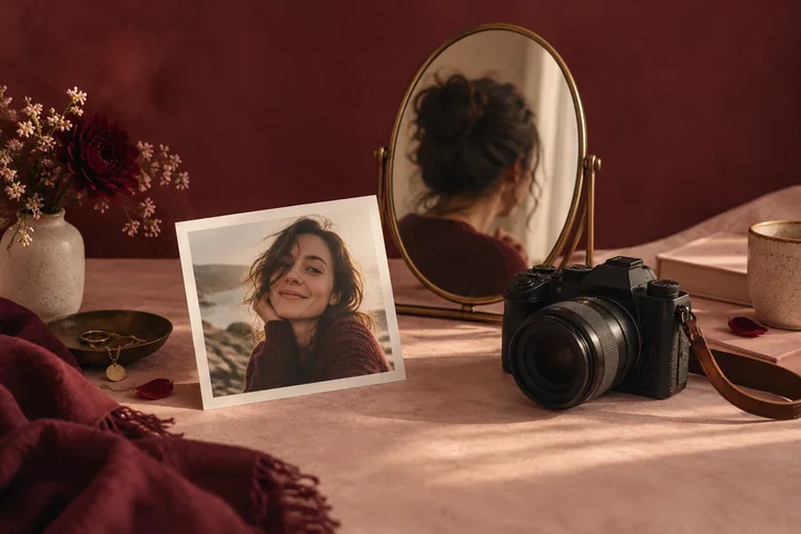 A portrait photograph stands beside a camera and oval mirror reflecting the back of a person’s head, with flowers in a vase nearby.