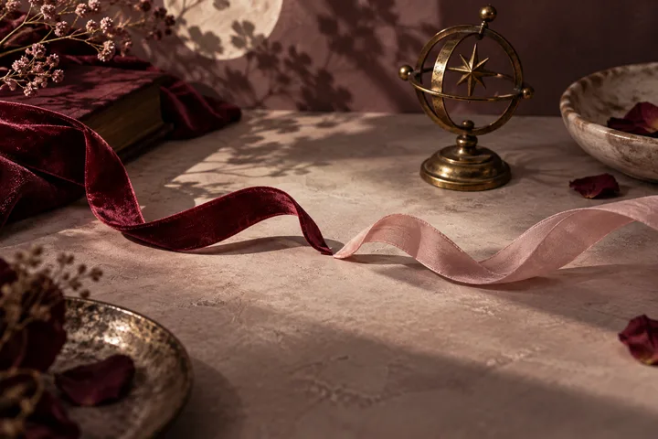 A brass star-shaped instrument stands beside a book and dried flowers as burgundy and pink ribbons cross a stone tabletop scattered with rose petals.